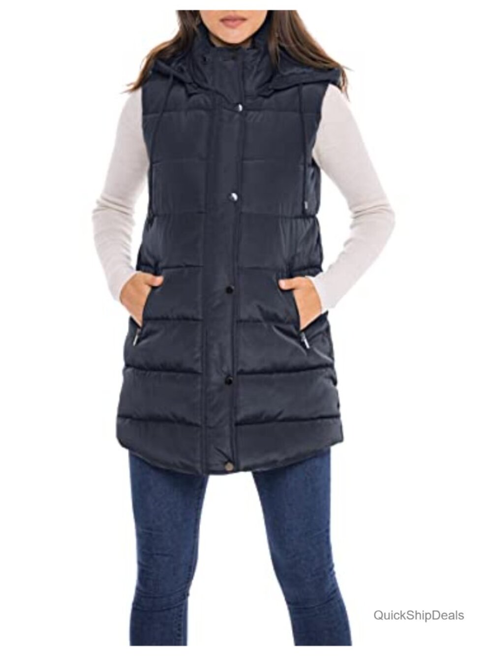 Long Quilted Puffer Vest Faux Down Hooded Zip Pockets